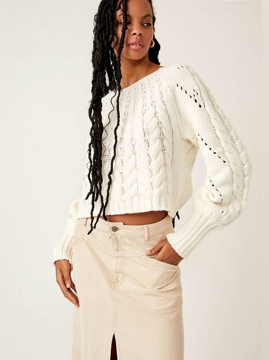 Free People Sweaters - Free People Sandre Knit Pullover Sweater L Ivory Cable Knit Balloon Sleeve